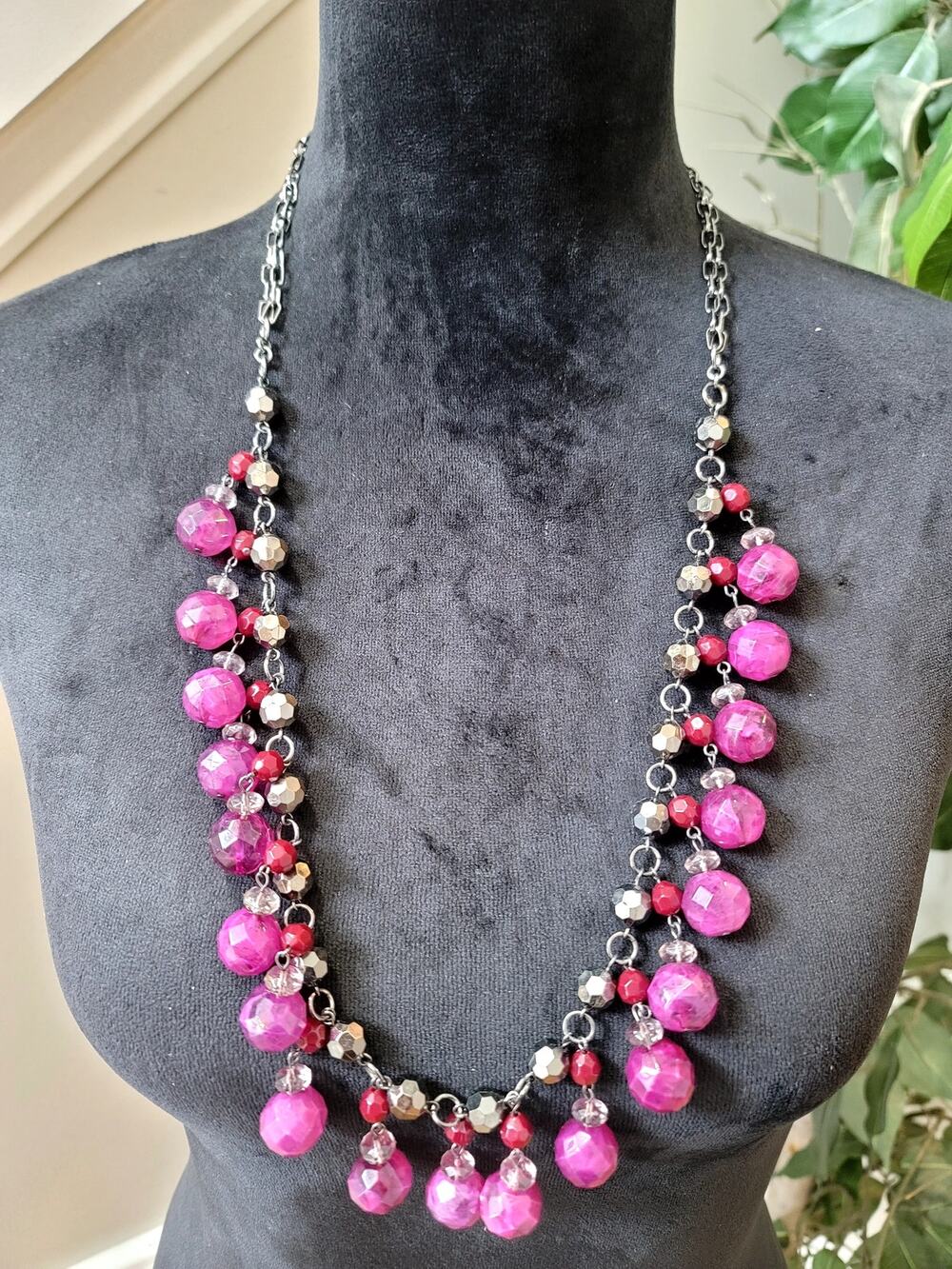 Pink Faceted Bead Statement Necklace Double Strand Gunmetal Chain Bib Jewelry